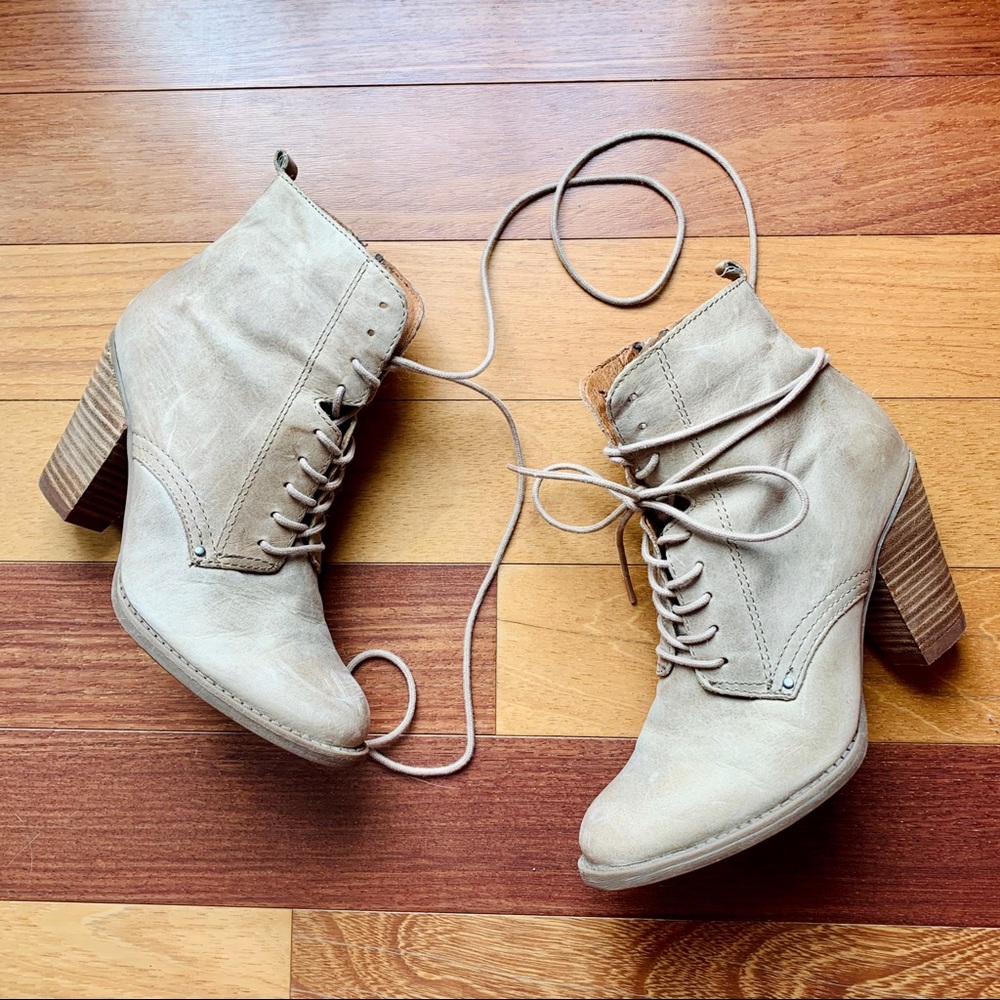 Aldo Grey Leather Lace-Up Heel Boots, size 7